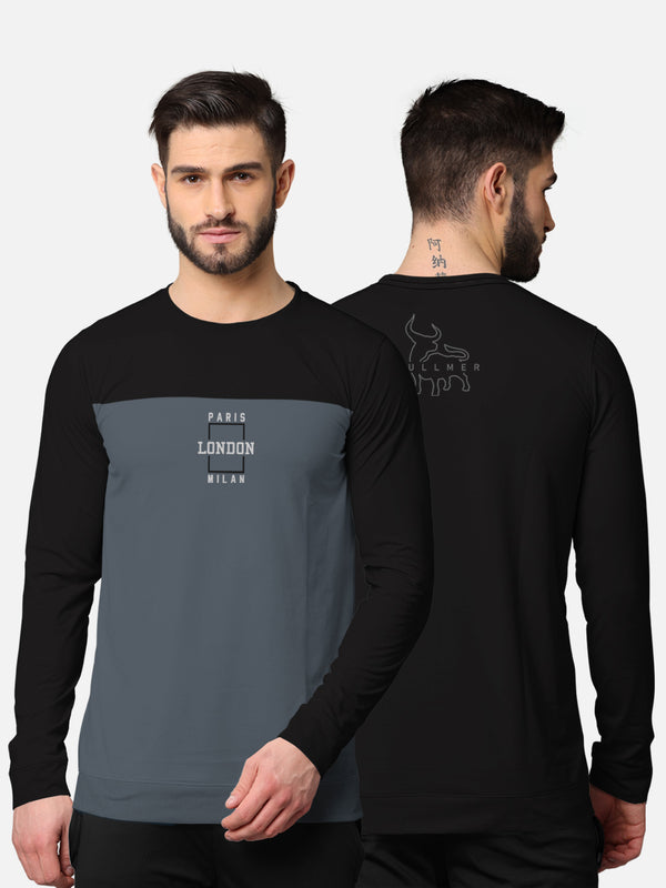 BULLMER Trendy Front & Back Printed Full Sleeve Cut&Sew Tshirt for Men