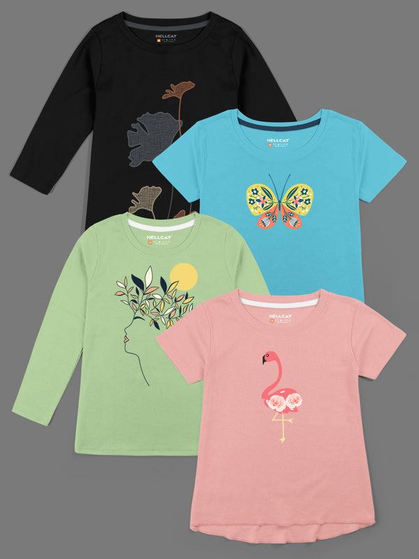 Trendy Printed Round Neck with Short Sleeve /Long Sleeve Multi colour Tshirts for Girls - Pack of 4