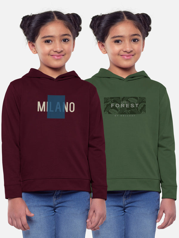 Trendy Printed Full Sleeve / Long Sleeve Hooded Tshirt for Girls - Pack of 2