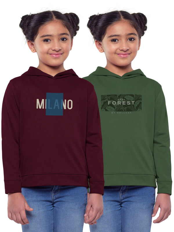 Trendy Printed Full Sleeve / Long Sleeve Hooded Sweatshirt for Girls - Pack of 2