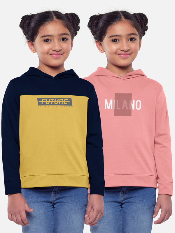 Trendy Printed Full Sleeve / Long Sleeve Hooded Tshirt for Girls - Pack of 2