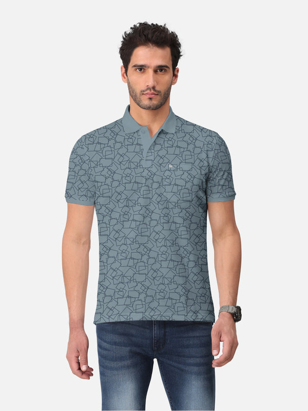 BULLMER Bluish Grey Trendy Printed Half Sleeve Polo T-shirt for Mens