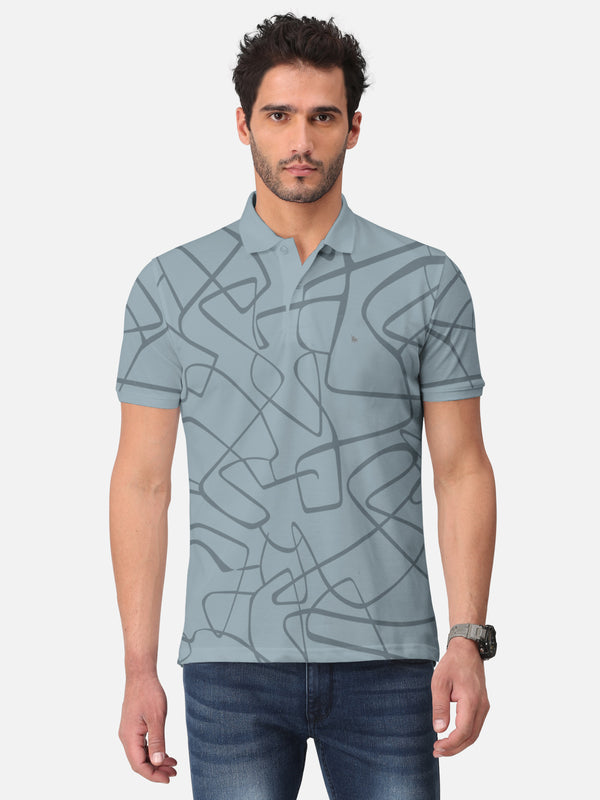 BULLMER Bluish Grey Trendy Printed Half Sleeve Polo T-shirt for Mens