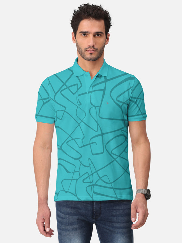 BULLMER Menthol Blue Trendy Printed Half Sleeve Polo T-shirt for Mens