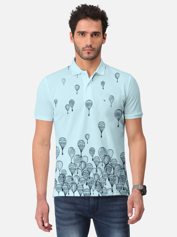 BULLMER Sky Blue Trendy Printed Half Sleeve Polo T-shirt for Mens