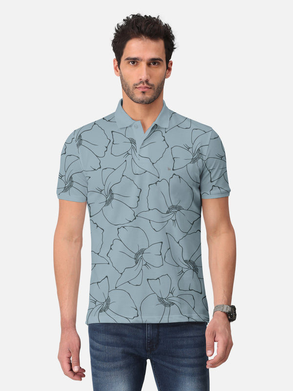 BULLMER Bluish Grey Trendy Printed Half Sleeve Polo T-shirt for Mens