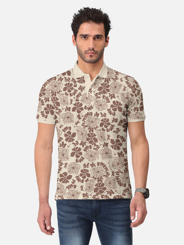 BULLMER Beige Trendy Printed Half Sleeve Polo T-shirt for Mens