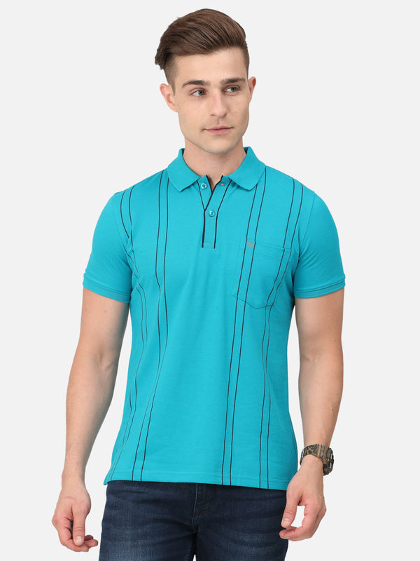 BULLMER Turquoise Trendy Printed Half Sleeve Polo T-shirt for Mens