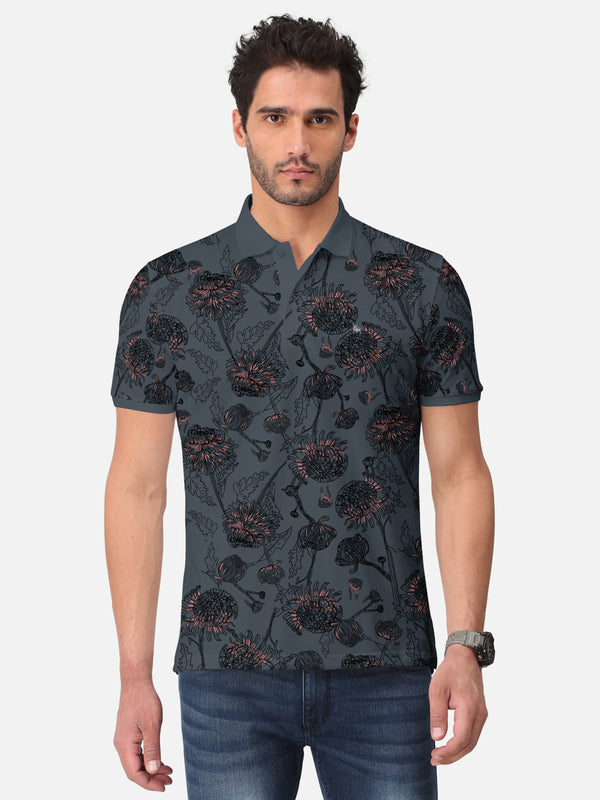 BULLMER Dark Grey Trendy Printed Half Sleeve Polo T-shirt for Mens