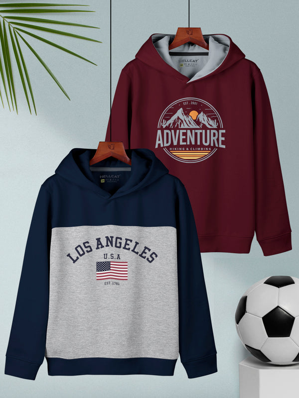 Navy Blue & Burgundy Printed Cotton Blend Hoodie Sweatshirt For Boys - Pack of 2