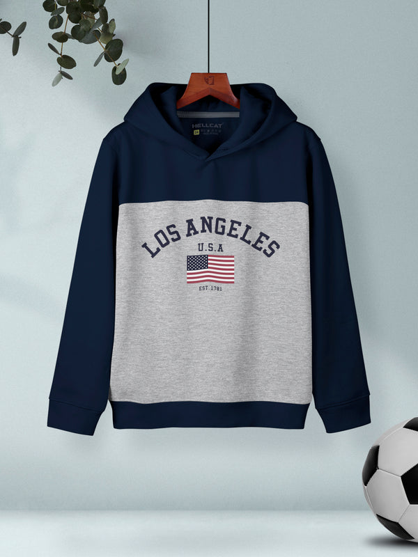 Navy Blue Colourblocked Cotton Blend Hoodie Sweatshirt For Boys