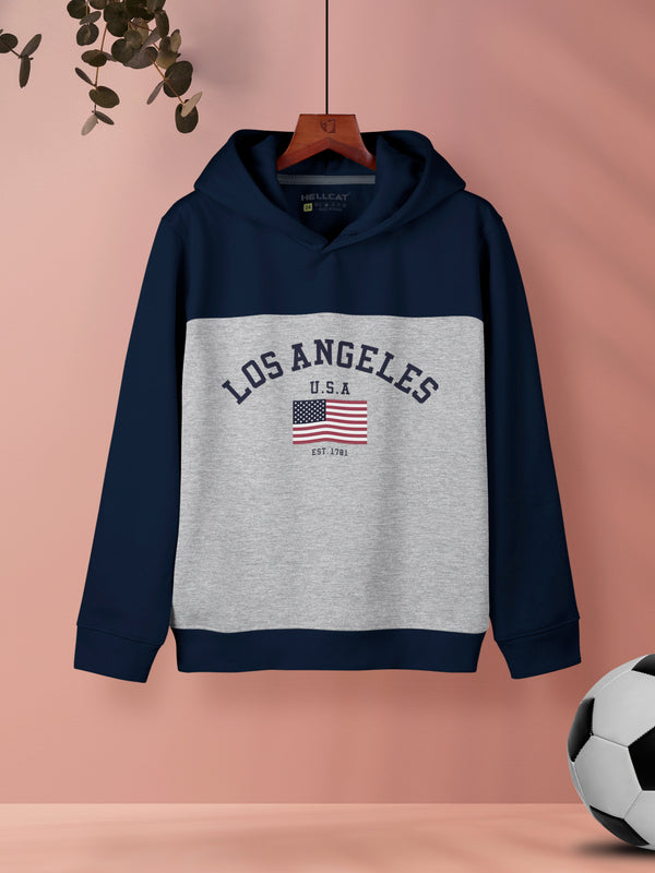 Navy Blue Colourblocked Cotton Blend Hoodie Sweatshirt For Girls