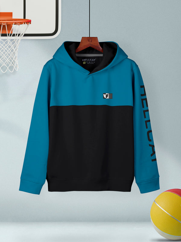 Turquoise Blue Colourblocked Cotton Blend Hoodie Sweatshirt For Boys