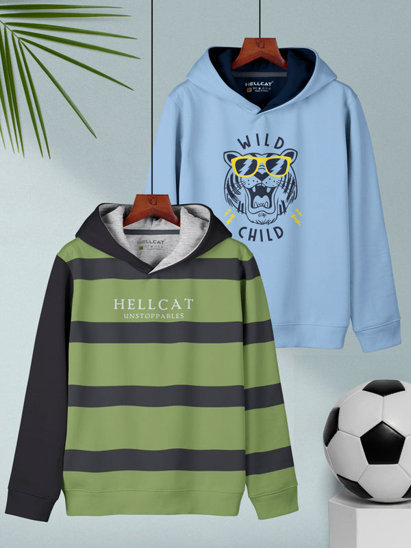 Green & Sky Blue Printed Cotton Blend Hoodie Sweatshirt For Boys - Pack of 2