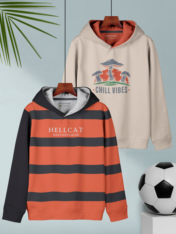 Orange & Beige Printed Cotton Blend Hoodie Sweatshirt For Boys - Pack of 2