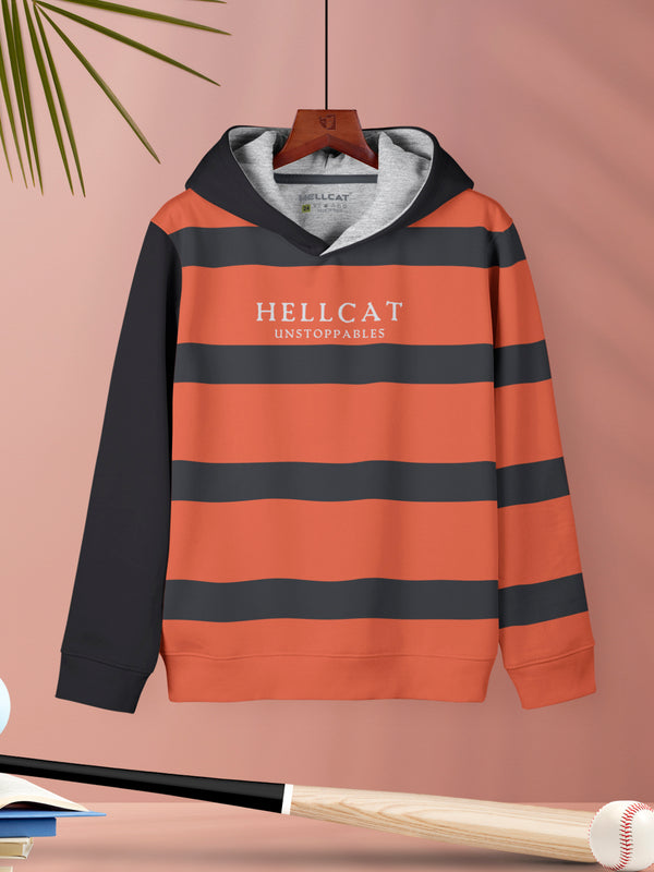 Orange Striped Cotton Blend Hoodie Sweatshirt For Girls