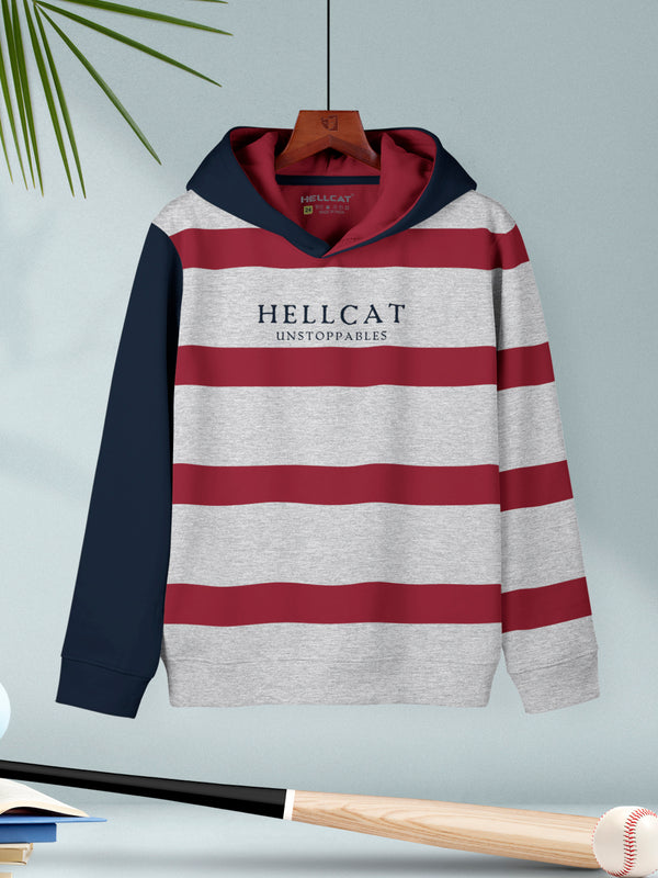 White Melange Striped Cotton Blend Hoodie Sweatshirt For Boys