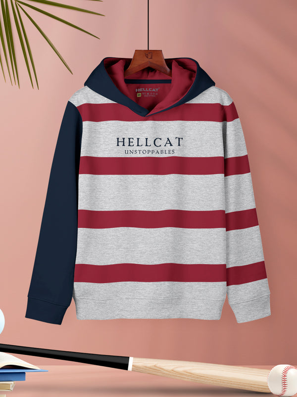 White Melange Striped Cotton Blend Hoodie Sweatshirt For Girls.