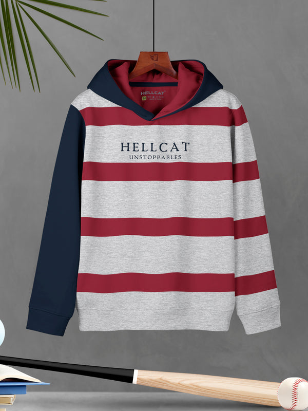 White Melange Striped Cotton Blend Hoodie Sweatshirt For Boys