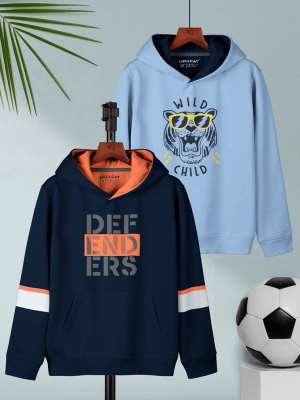 Navy Blue & Sky Blue Printed Cotton Blend Hoodie Sweatshirt For Boys - Pack of 2