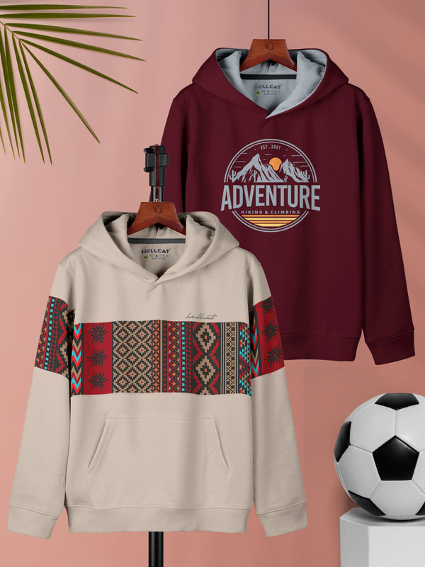 Beige & Burgundy Printed Cotton Blend Hoodie Sweatshirt For Girls - Pack of 2