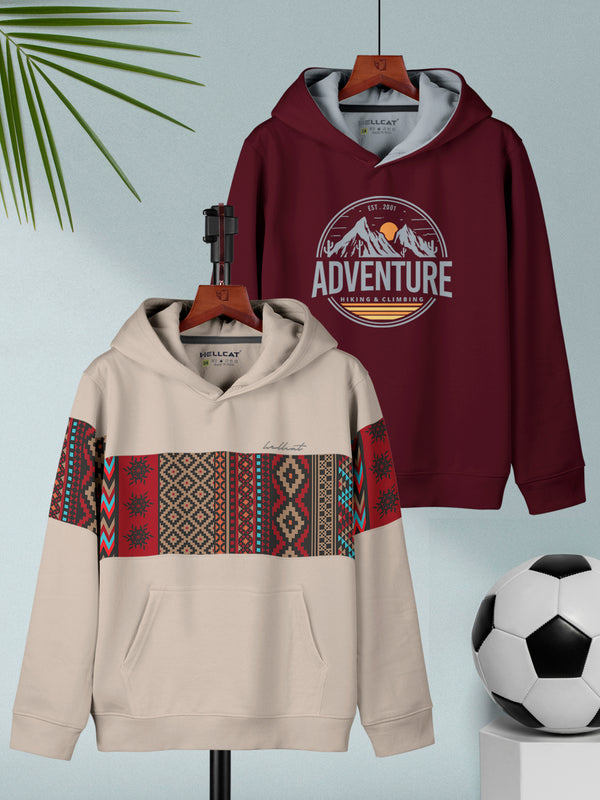 Beige & Burgundy Printed Cotton Blend Hoodie Sweatshirt For Boys - Pack of 2