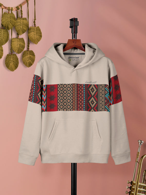 Beige Colourblocked Cotton Blend Hoodie Sweatshirt For Girls