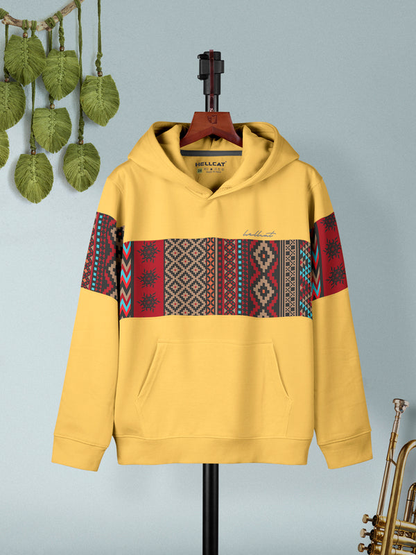 Mustard Colourblocked Cotton Blend Hoodie Sweatshirt For Boys