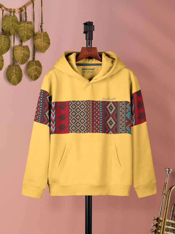 Mustard Colourblocked Cotton Blend Hoodie Sweatshirt For Girls