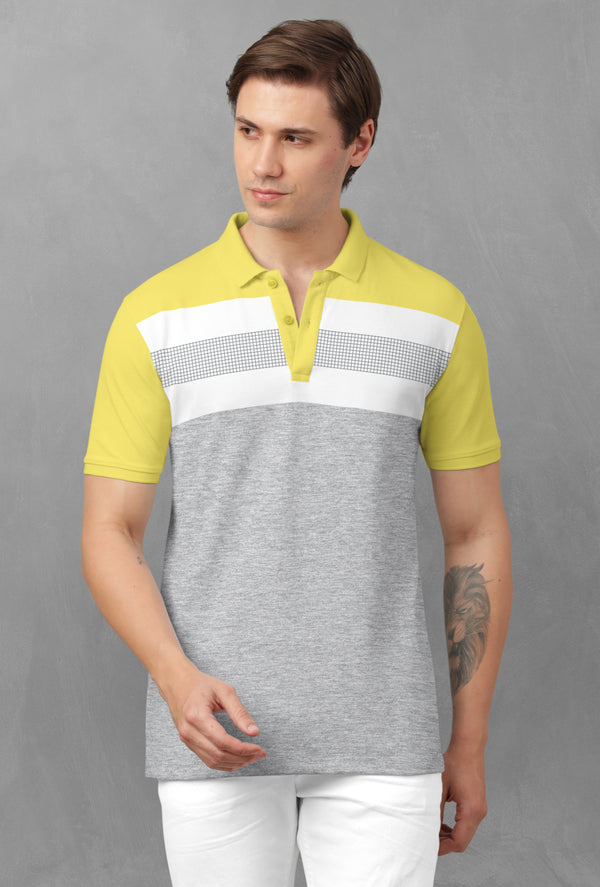 BULLMER Corn Yellow Trendy Printed Half Sleeve Polo T-shirt for Mens