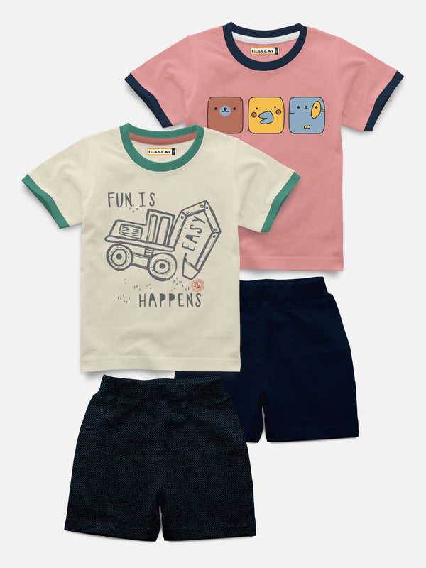 Half Sleeve With Rib Printed T-shirt with Comfy Solid Shorts for Infants & Girls - Pack of 4 (2 T-shirt & 2 short)