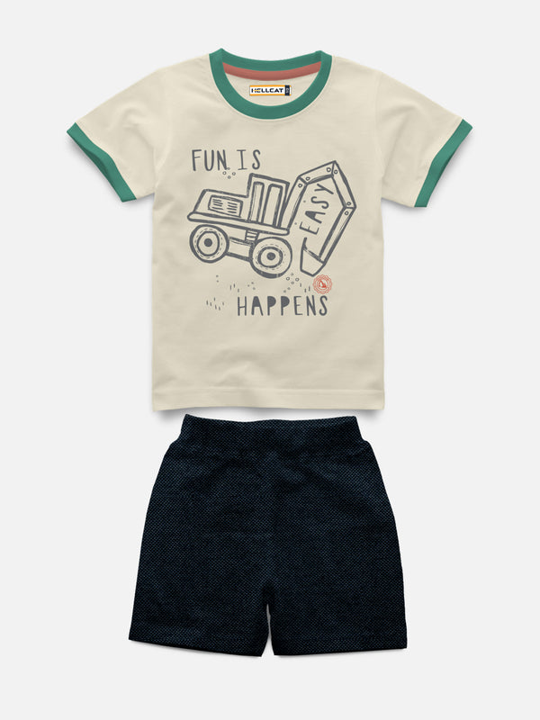 Half Sleeve With Rib Printed Tshirt with Comfy Solid Shorts for Infants & Boys - Pack of 2 (1 T-shirt & 1 short)