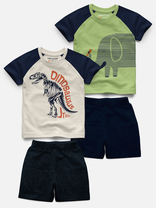 Raglan Half Sleeve Printed T-shirt with Comfy Solid Shorts for Infants & Boys - Pack of 4 (2 T-shirt & 2 Shorts)