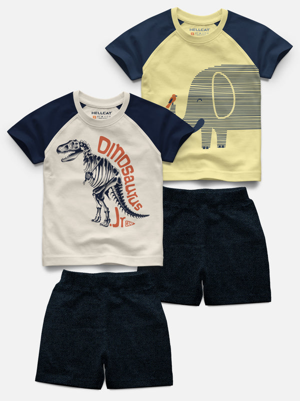 Raglan Half Sleeve Printed T-shirt with Comfy Solid Shorts for Infants & Toddler - Pack of 4 (2 T-shirt & 2 Shorts)